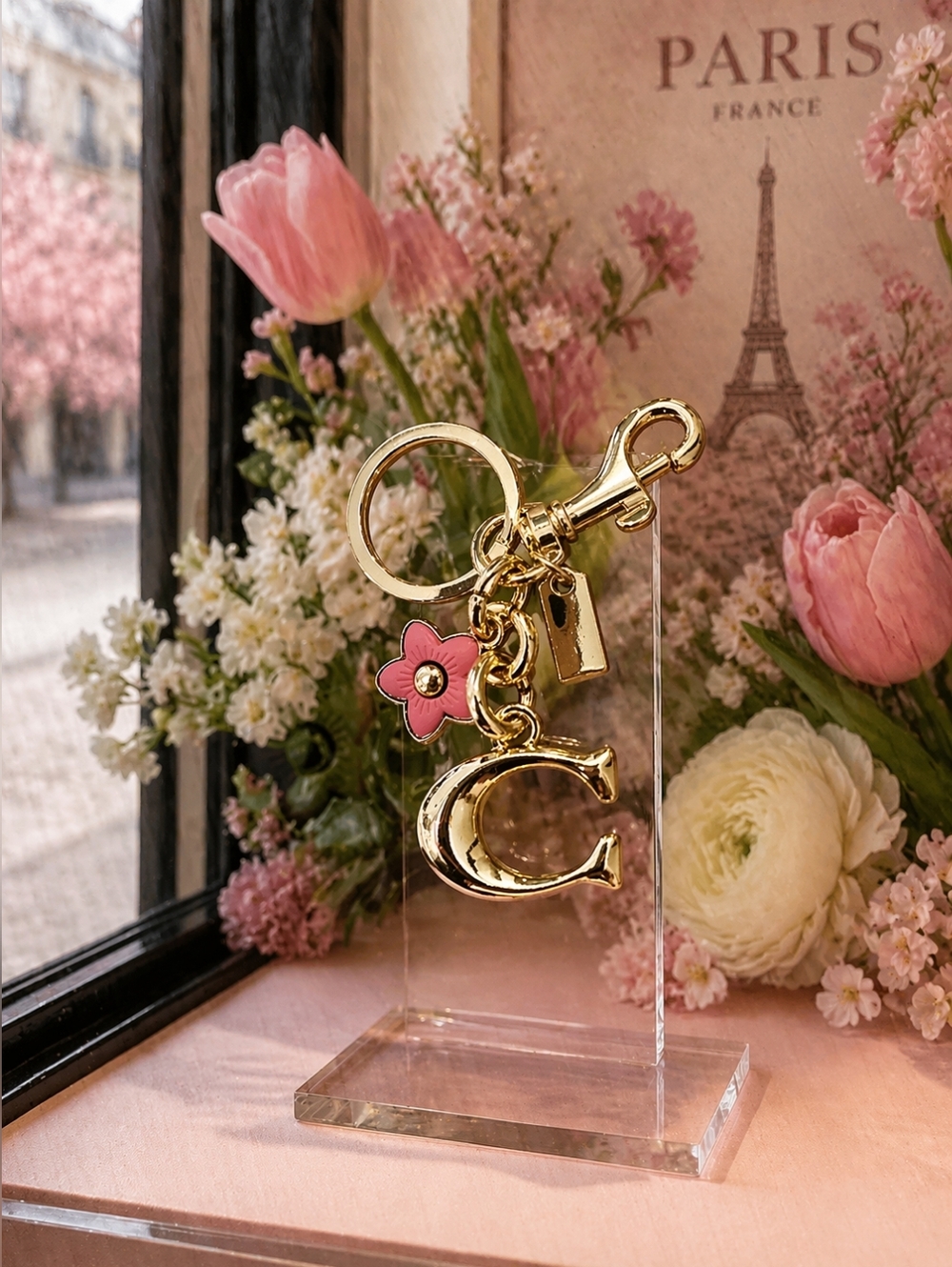 Gold 'C' Initial Keychain with Pink Flower Charm